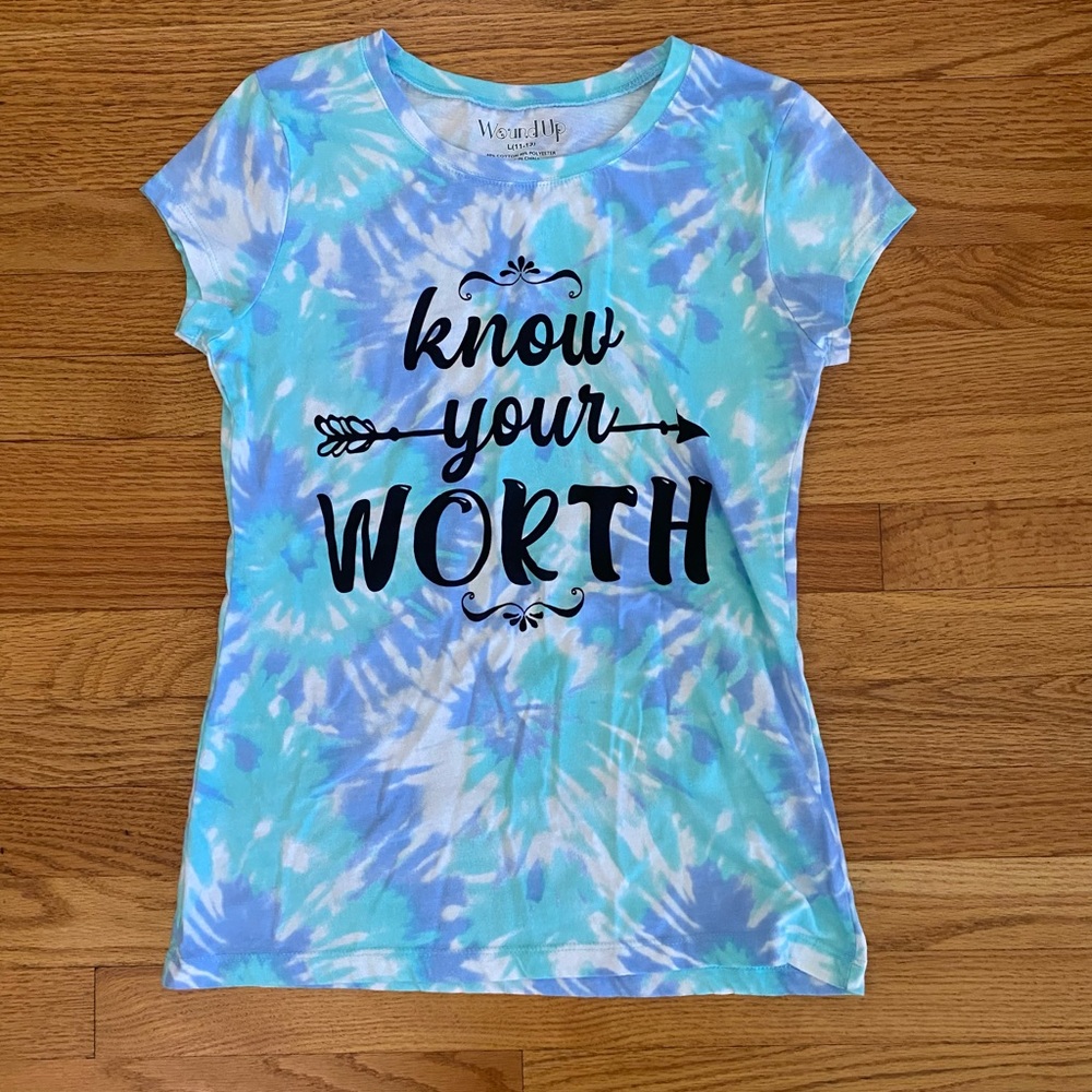 Wound Up Tshirt Women’s Junior Large (11-13) Blue Tie Dye Top Know Your Worth